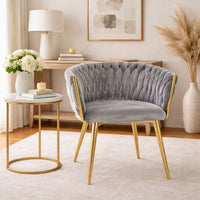 Grauer Samtstuhl GLAMOUR – goldene Beine, modernes Flechtdesign – Produktabbildung 3