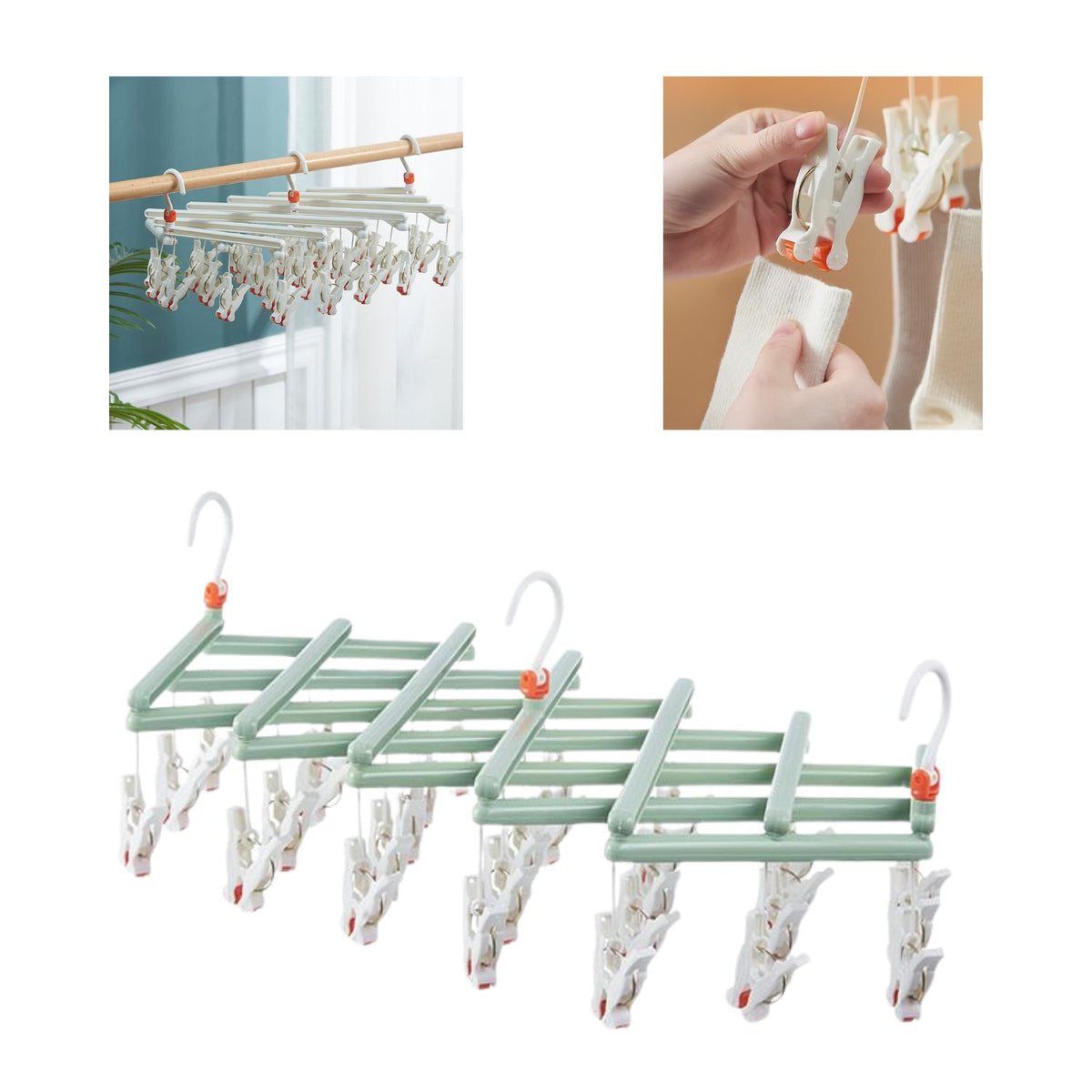 Praktischer faltbarer Kleiderbügel mit Clips, 29 Clips, grün – Produktabbildung 2