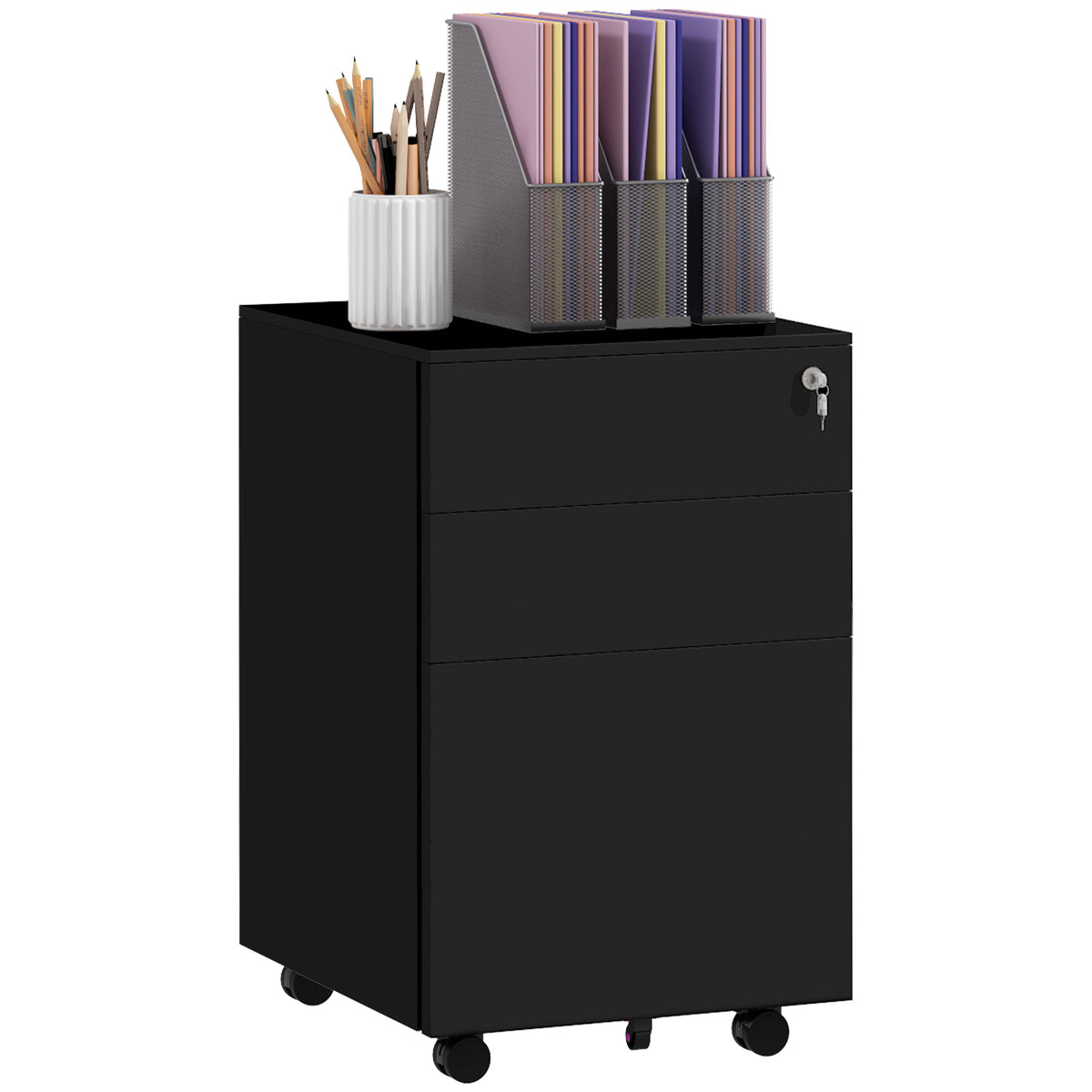 Vinsetto Rollcontainer Aktenschrank, 3 Schubladen, abschließbar, rollbar, 37 cm x 43,5 cm x 60 cm, Schwarz