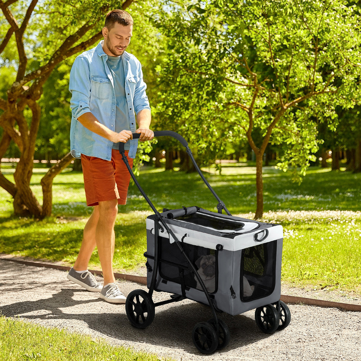 PawHut Hundbuggy Haustierbuggy bis 10kg klappbar abnehmbarer Korb 81 x 58 x 97,5 cm Schwarz + Grau + – Produktabbildung 2