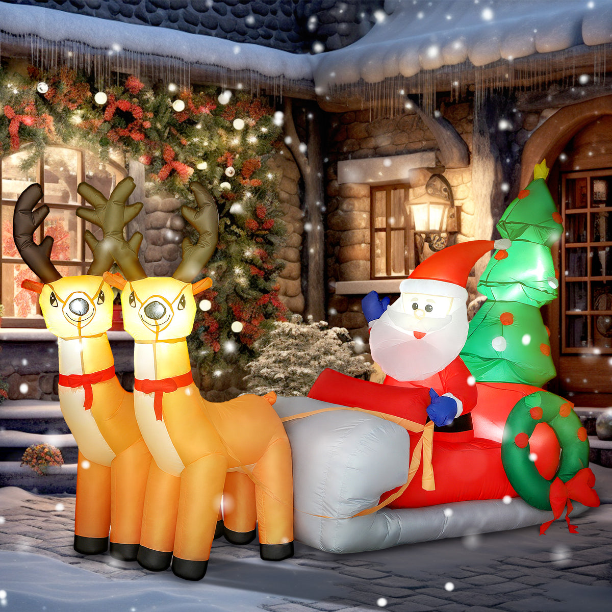 Outsunny Aufblasbare Weihnachtsdekoration, Weihnachtsmann in Rentierschlitten, Polyesterstoff – Produktabbildung 2