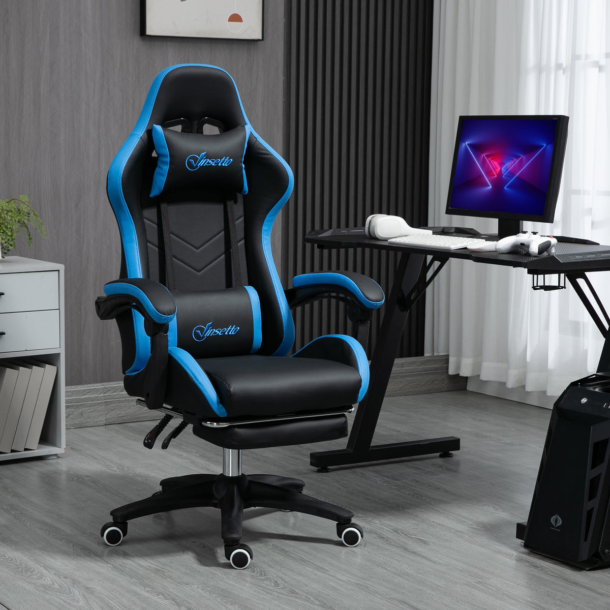 Vinsetto Bürostuhl, Gamingstuhl, 1 Kopfstütze, 1 Lendenstütze, Blau + Schwarz – Produktabbildung 2