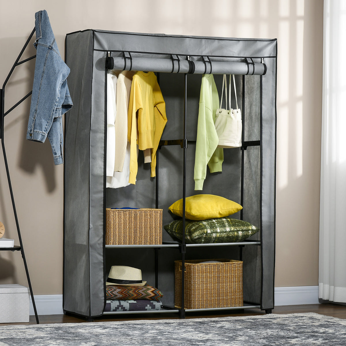 HOMCOM Schrank aus Stoff, Aufbewahrungslösung, 4 Regale, 2 Kleiderstangen, Grau – Produktabbildung 2