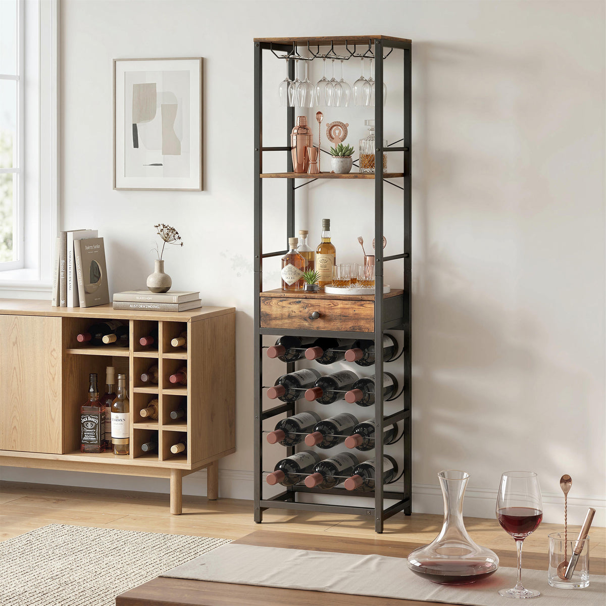 HOMCOM Weinbar-Schrank mit Schublade, Industrieller Barschrank, Weinregal für 12 Flaschen, Glashalter – Produktabbildung 8