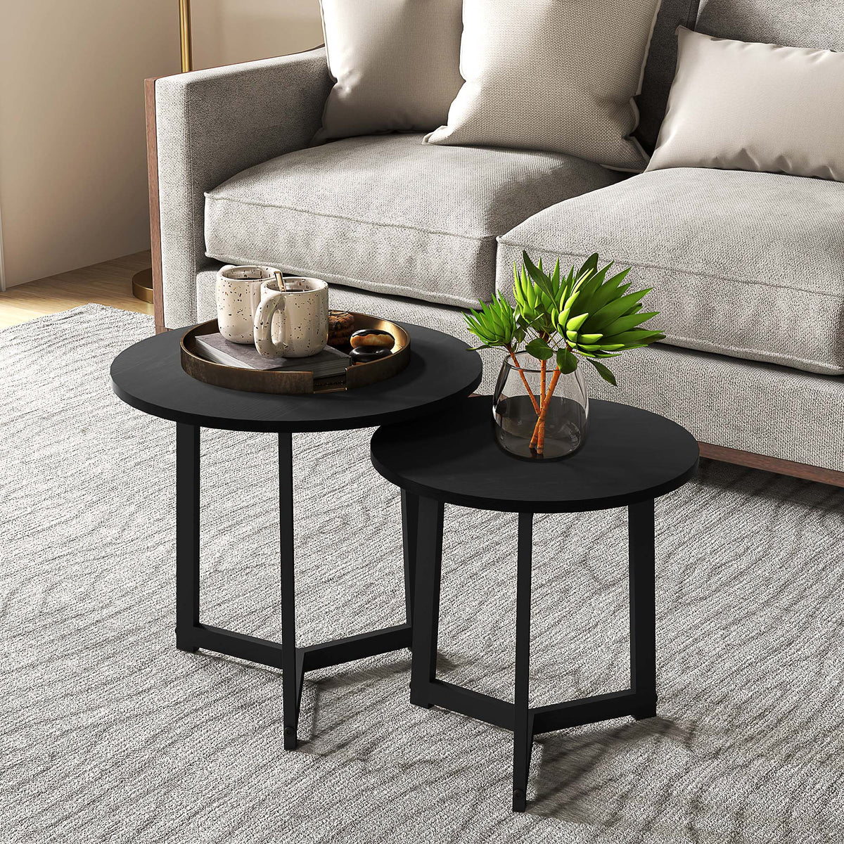 HOMCOM Moderner Couchtisch als 2er-Set, Metallrahmen, MDF, Rundes Design, ineinander verschiebbar – Produktabbildung 2