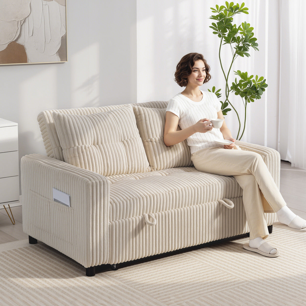 HOMCOM 2-Sitzer Sofabett, Cordbezug, zum Schlafsofa umwandelbar, 2 Kissen, Seitentaschen, 157 x 190 cm – Produktabbildung 2