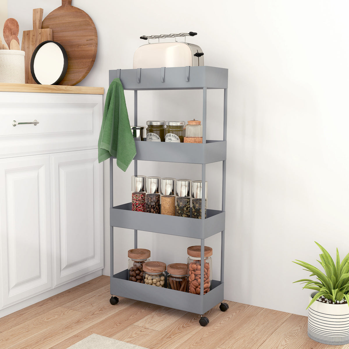 HOMCOM Küchenwagen mit 4 Regalen, 4 flexiblen Haken, 4 Rollen, 40 cm x 19 cm x 90 cm, Nischenwagen – Produktabbildung 10