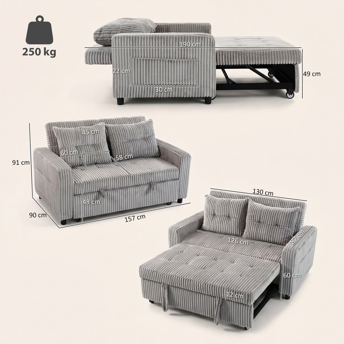 HOMCOM 2-Sitzer Sofabett, Cordbezug, zum Schlafsofa umwandelbar, 2 Kissen, Seitentaschen, 157 x 190 cm – Produktabbildung 3