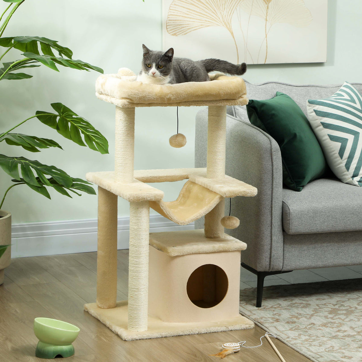 PawHut Katzenbaum, Kratzbaum mit Spielzeug, Sitzstange, Hängematte, 48 x 48 x 90 cm, Creme – Produktabbildung 2