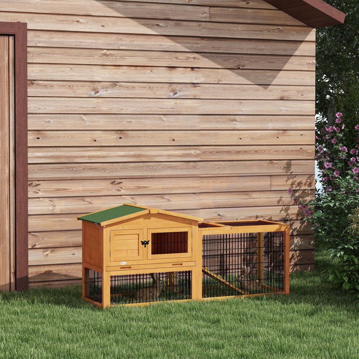 PawHut Hasenstall 2 Ebenen Kaninchenstall Tannenholz Winterfest Doppelstockhaus mit Freilaufgehege Rampe – Produktabbildung 2