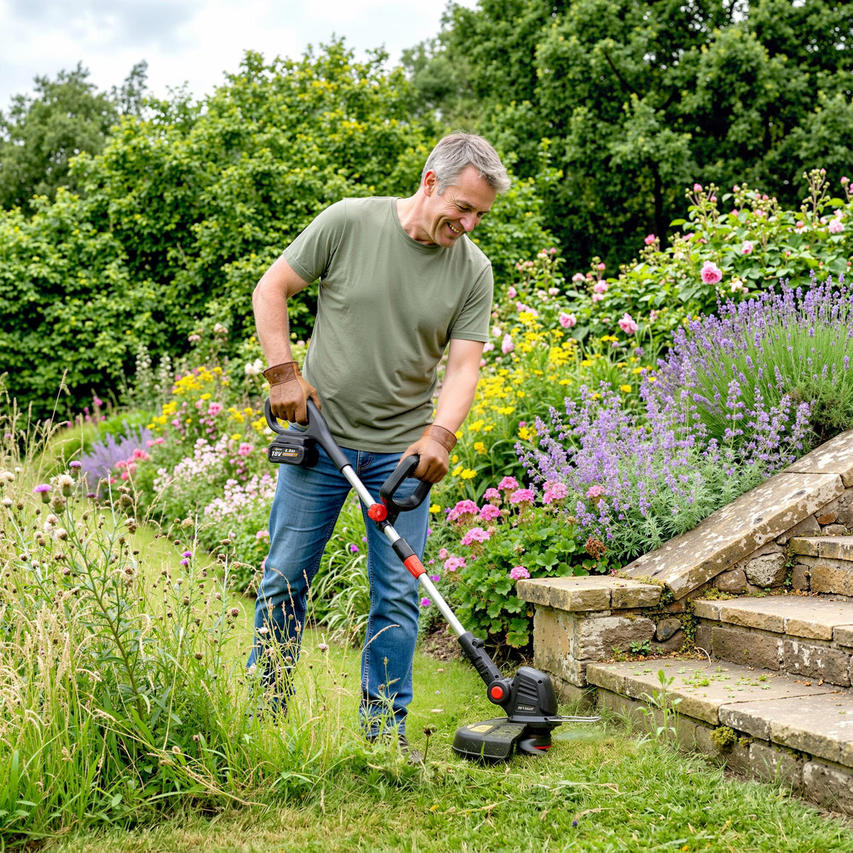 Outsunny Akku Rasentrimmer 2-in-1 Freischneider mit 30 cm Schnittbreite Verstellbar Griff neigbar – Produktabbildung 2