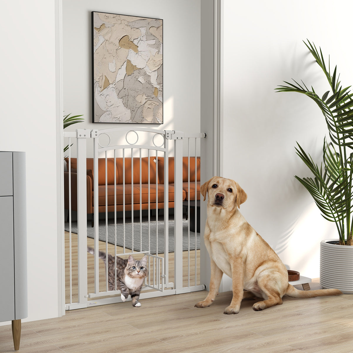 PawHut 106 cm hohes Haustiergitter mit anpassbarer Breite, integrierte Katzentür, für Treppen und – Produktabbildung 2