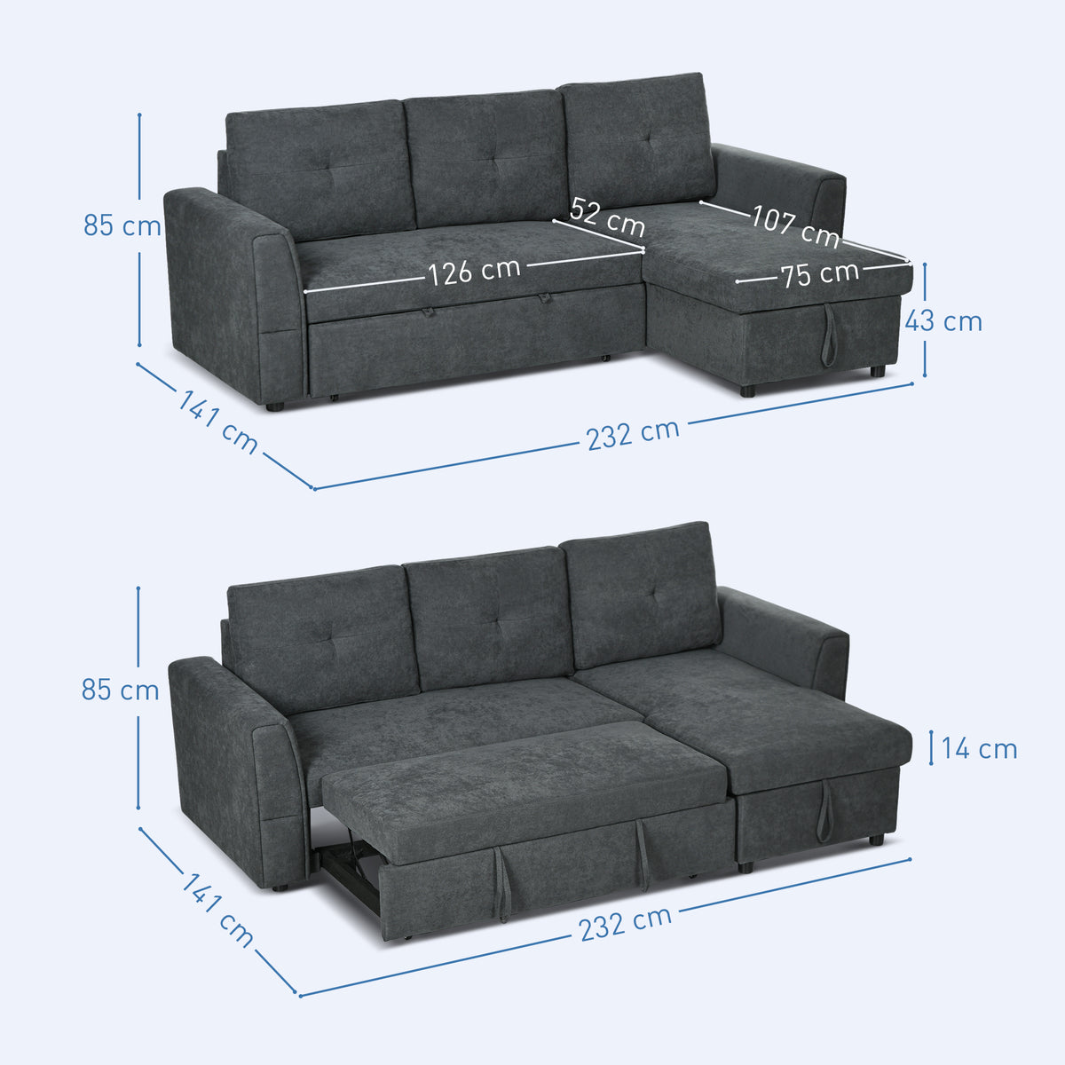 HOMCOM 3-Sitzer-Sofa mit Bettfunktion, Schlafsofa mit Chaiselongue, Polstersofa, Dunkelgrau – Produktabbildung 3