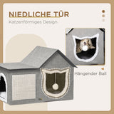 PawHut Katzenhaus mit Kratzfläche, inkl. Spielball, Katzenhöhle, 65 cm x 41 cm x 45.5H cm, Braun + Weiß – Produktabbildung 6