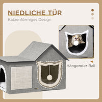 PawHut Katzenhaus mit Kratzfläche, inkl. Spielball, Katzenhöhle, 65 cm x 41 cm x 45.5H cm, Braun + Weiß – Produktabbildung 6