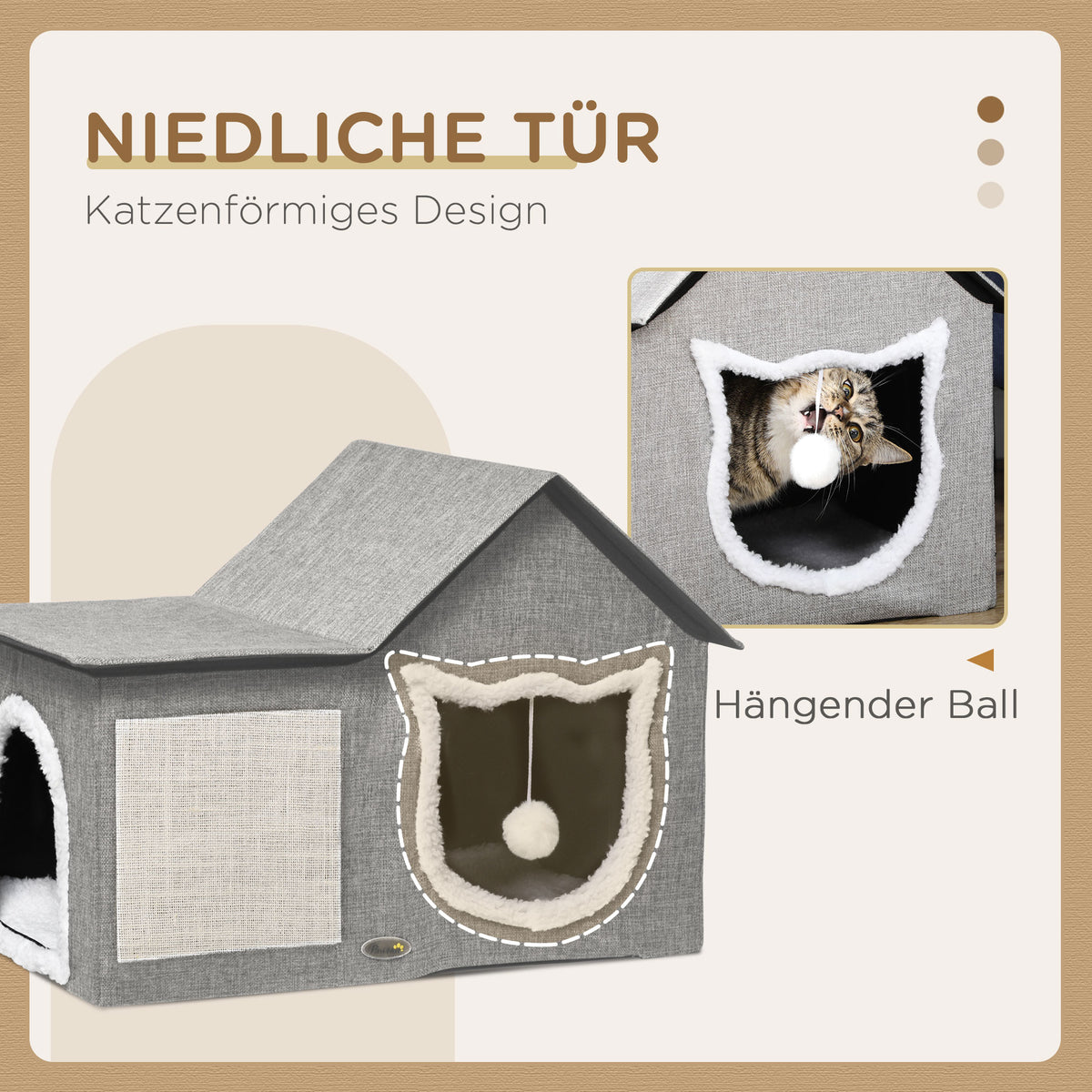PawHut Katzenhaus mit Kratzfläche, inkl. Spielball, Katzenhöhle, 65 cm x 41 cm x 45.5H cm, Braun + Weiß – Produktabbildung 6