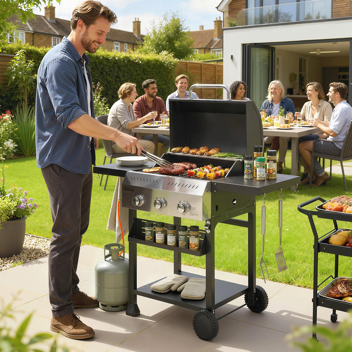 Outsunny Gasgrill 9 KW 3 Brenner BBQ Grillwagen Edelstahl inkl klappbar Seitentisch Gewürzhalter – Produktabbildung 2