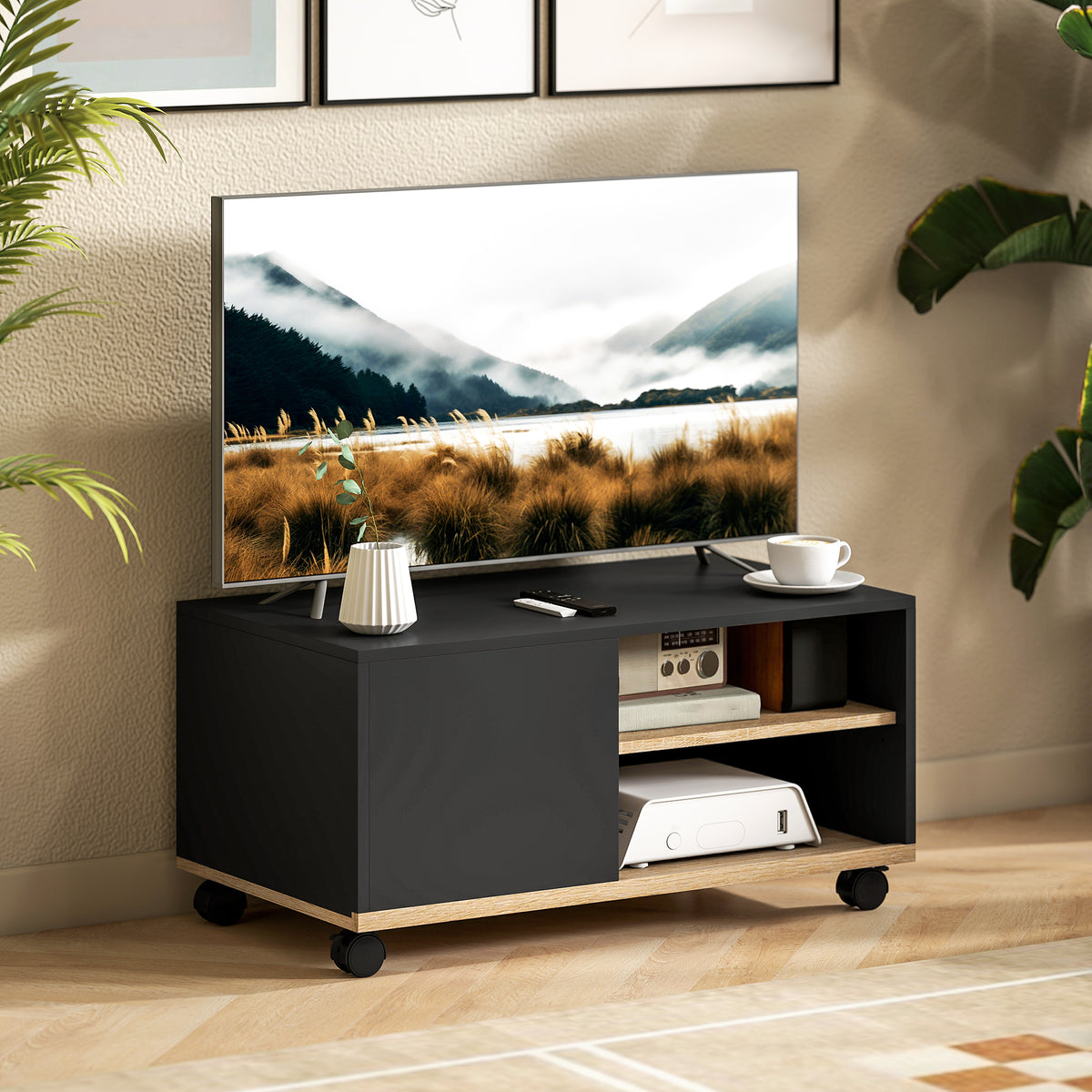 HOMCOM TV-Board auf Rollen mit Bremsen, TV-Möbel mit Schrank und verstellbarer Ablage, Schwarz und Eiche – Produktabbildung 2