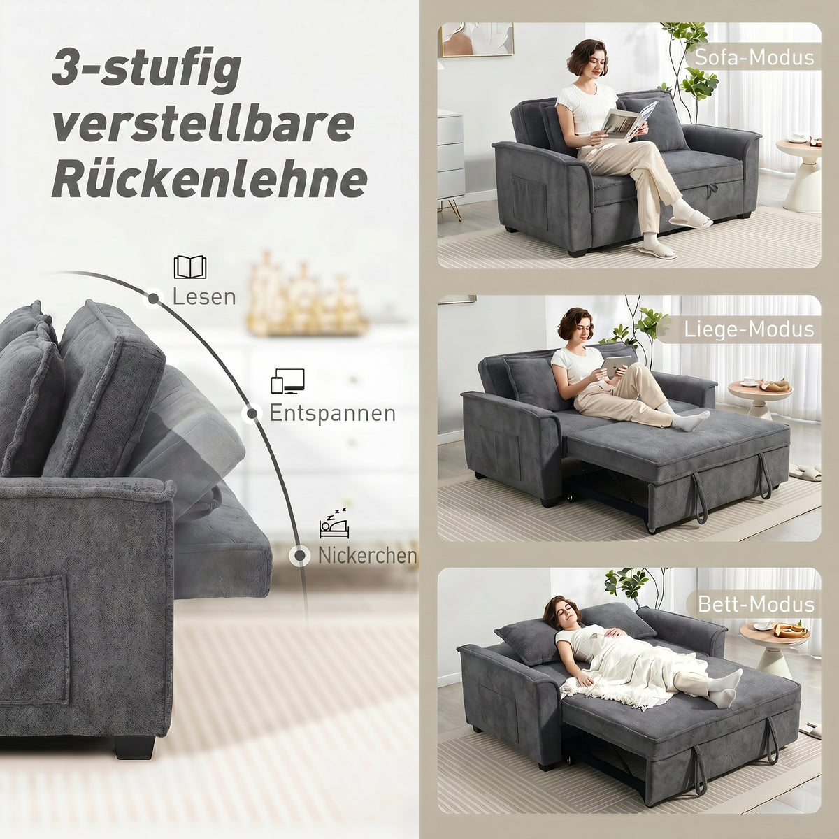 HOMCOM Futon-Schlafsofa, verstellbare Rückenlehne, 2-Sitzer mit 2 Kissen, Dunkelgrau – Produktabbildung 5