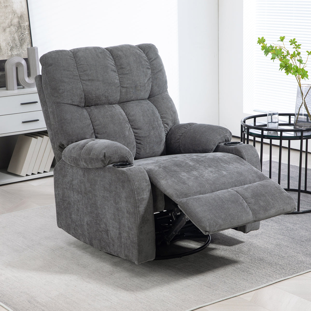 HOMCOM Relaxsessel mit Fußstütze, Liegesessel, drehbar, bis 150 kg, Stahlrahmen, 88x96x108cm, Dunkelgrau – Produktabbildung 2