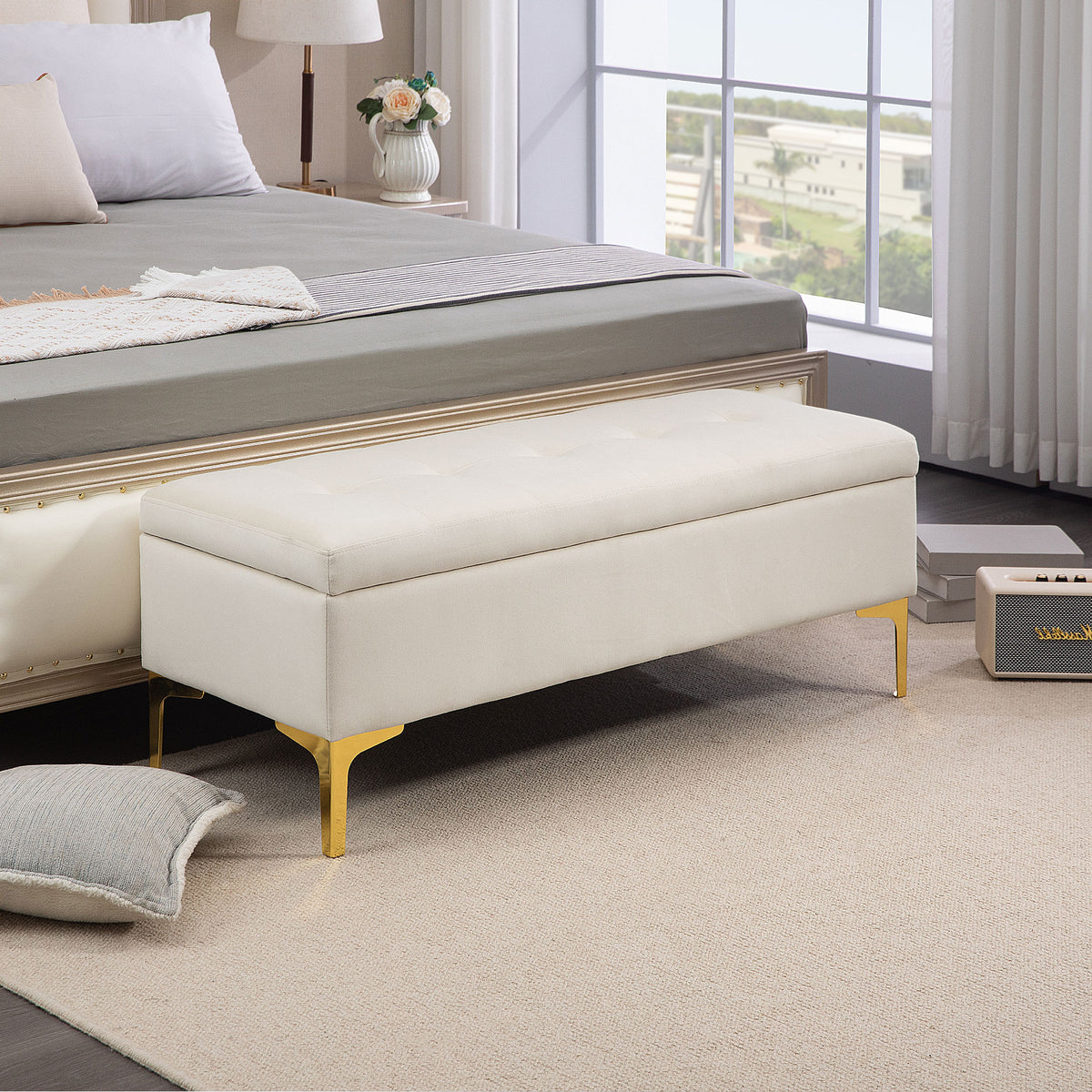 HOMCOM Sitzbank mit Stauraum, belastbar bis 120kg, 120x44x44,5cm, Beige – Produktabbildung 2