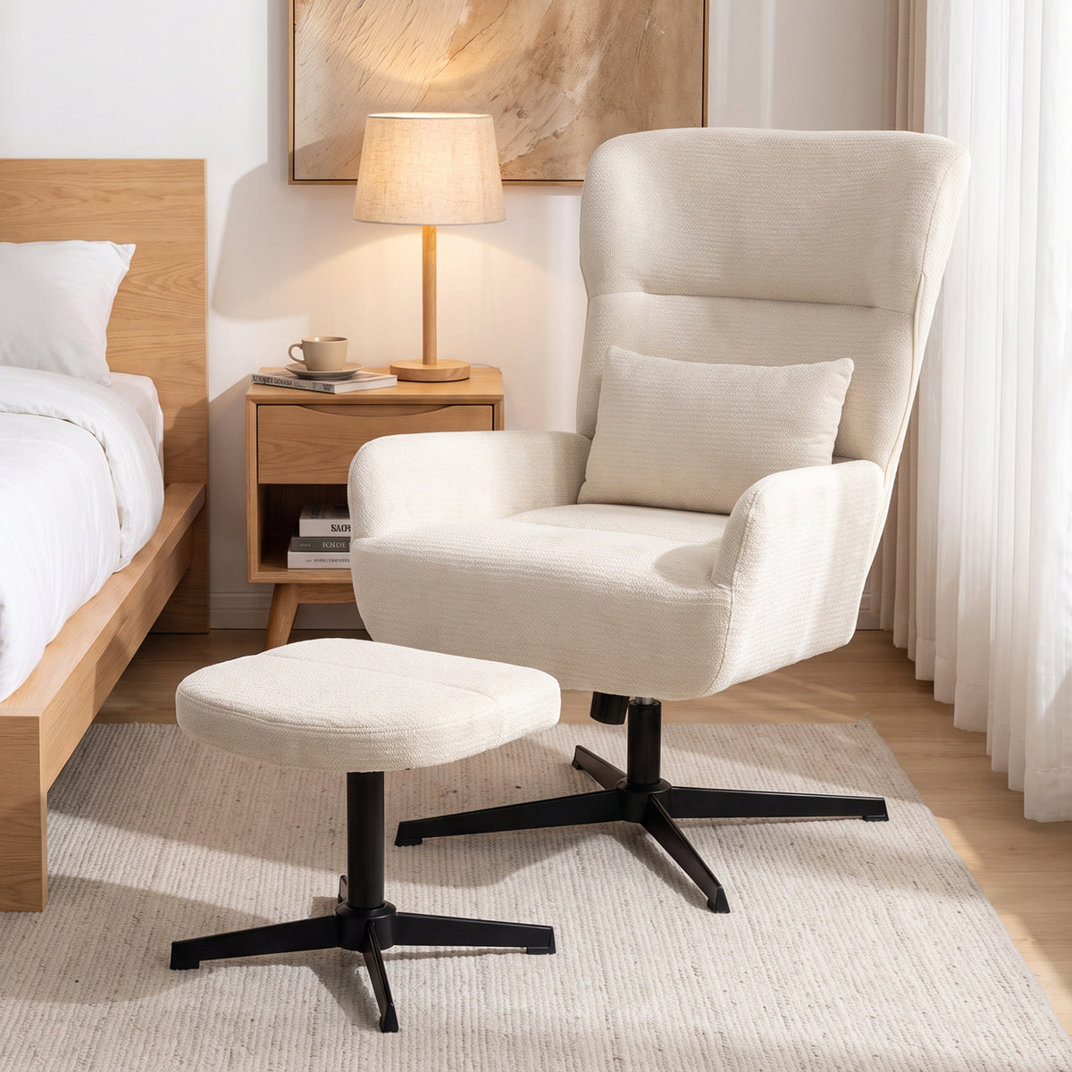 HOMCOM 360° drehbarer Loungesessel mit Hocker, höhenverstellbar, Chenille-Bezug, mit Lendenkissen – Produktabbildung 2