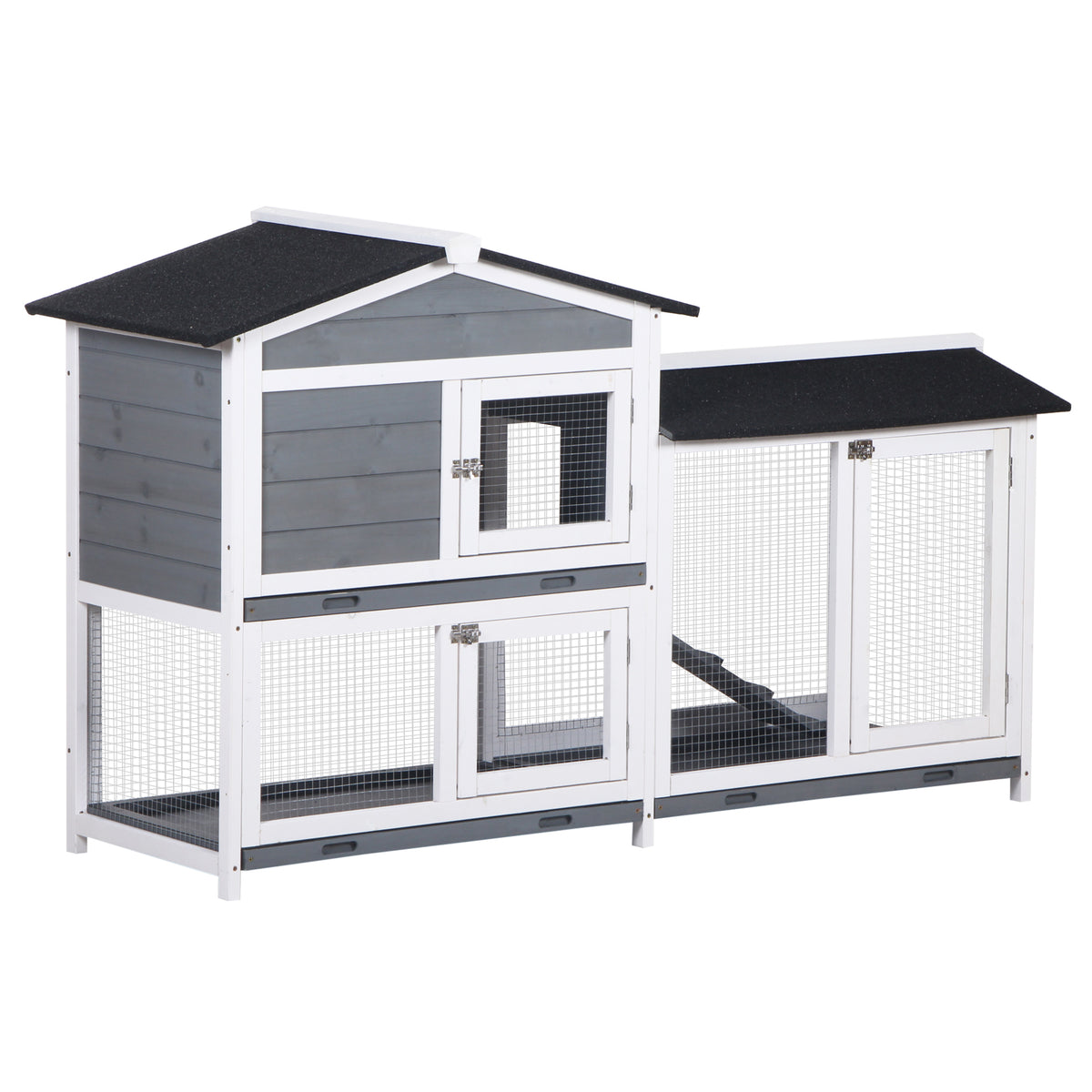 PawHut Hasenstall Kaninchenstall mit Freilaufgehege Rampe Kleintierstall aus Holz mit 2 Etagen Bodenwanne