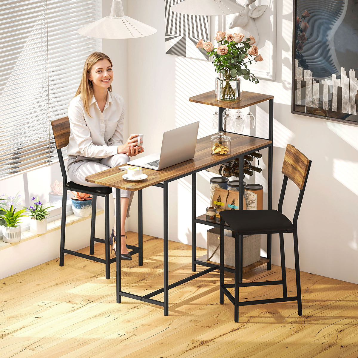 HOMCOM 3-teiliges Bartisch-Set, 1 Bartisch, 2 Stühle, mit Weinregal, Glashalter, Offene Regale – Produktabbildung 2