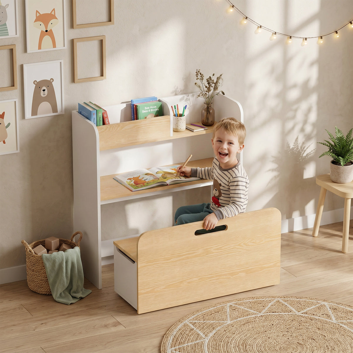 Kindertisch mit Sitzbank 5-in-1 Kindersitzgruppe mit Bücherregal, rollbar Kindertruhenbank mit – Produktabbildung 2