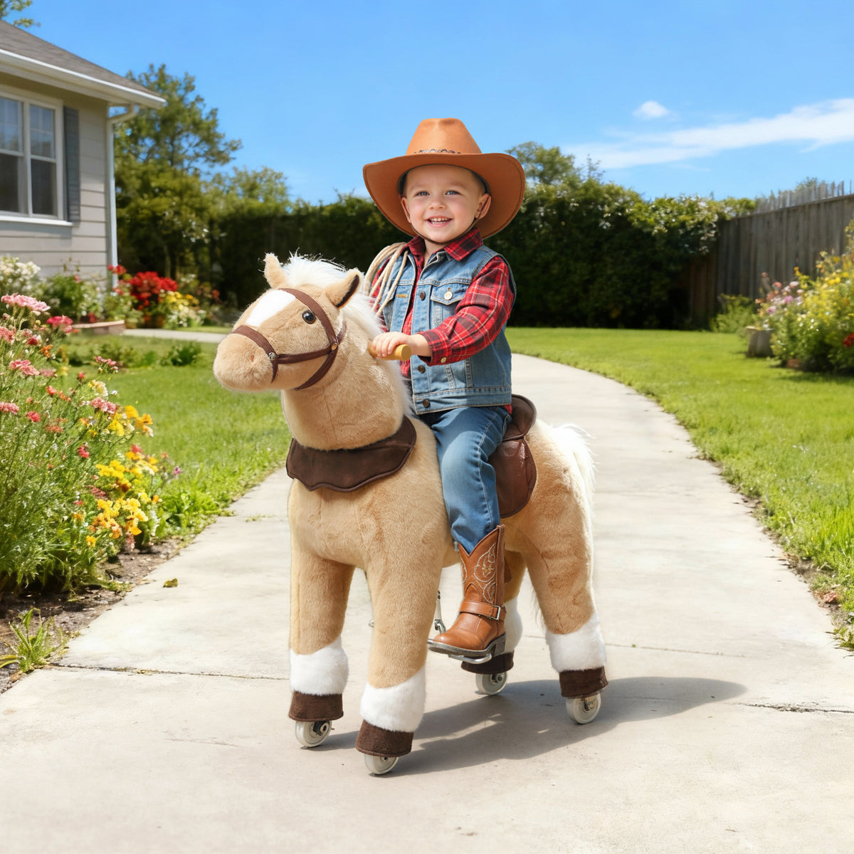 Reitpferd für Kinder, Stoffbezug, stabiler Rahmen, sanfte Räder, Schaukelpferd, 3-5 Jahre, Braun – Produktabbildung 2
