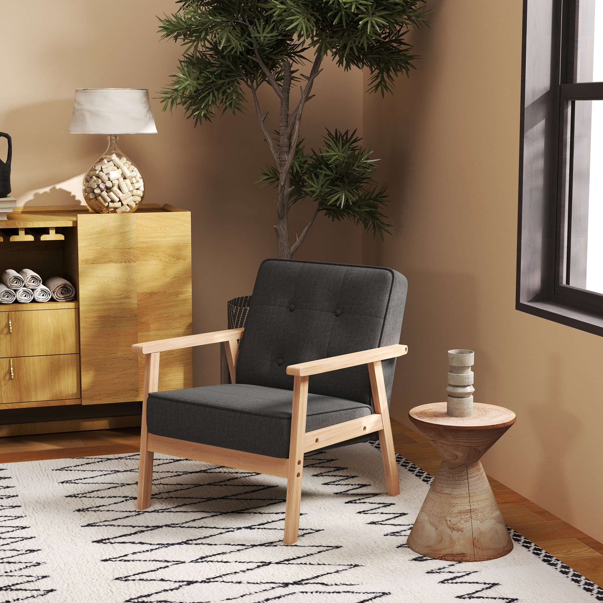 HOMCOM Einzelsofa Loungesessel Polsterstuhl mit Armlehnen Holzrahmen Leinen Grau 64,5 x 70 x 74 cm – Produktabbildung 2