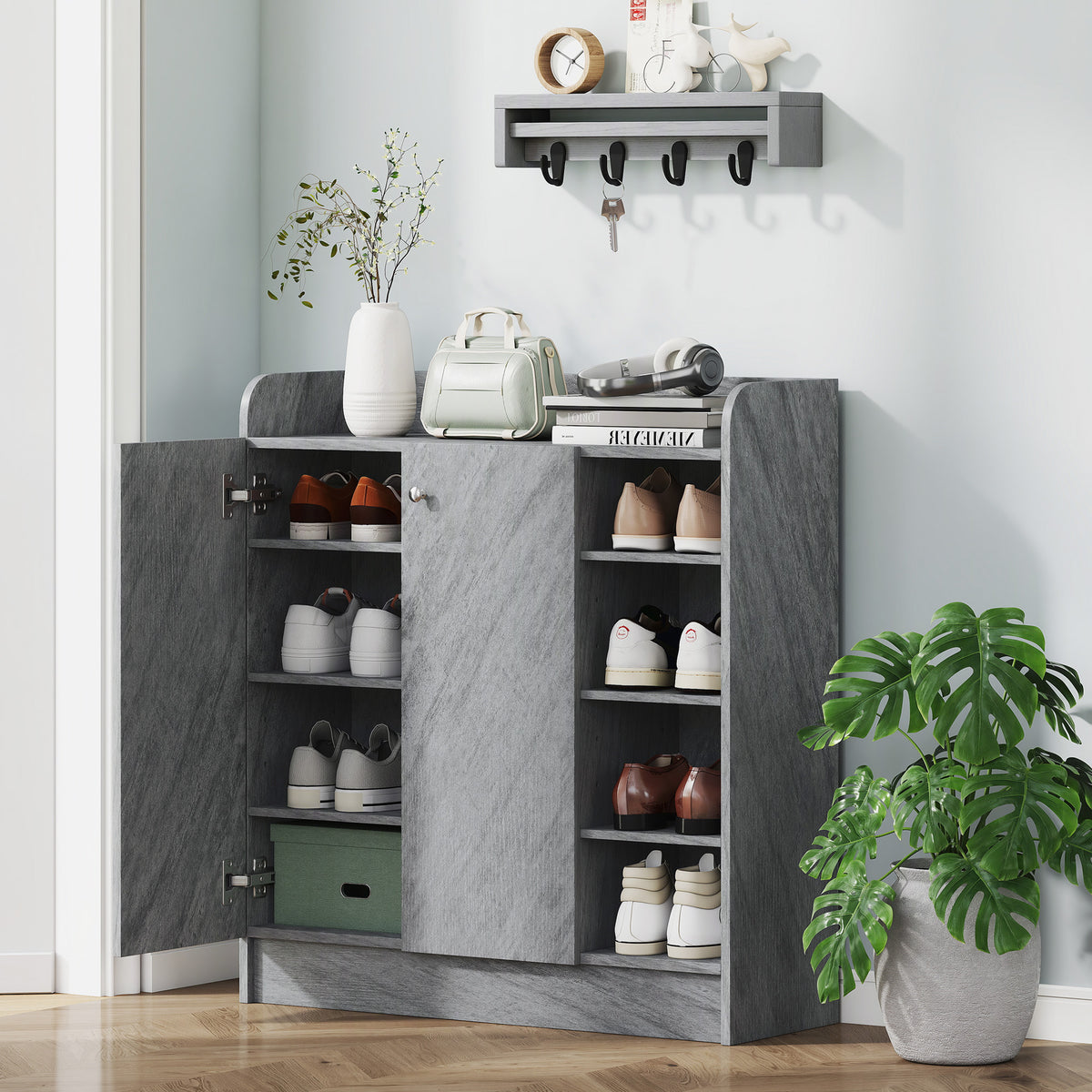 HOMCOM Schuhschrank, Platz für 12 Paar Schuhe, 2 Türen und 4 offene Fächer, für Flur oder – Produktabbildung 2
