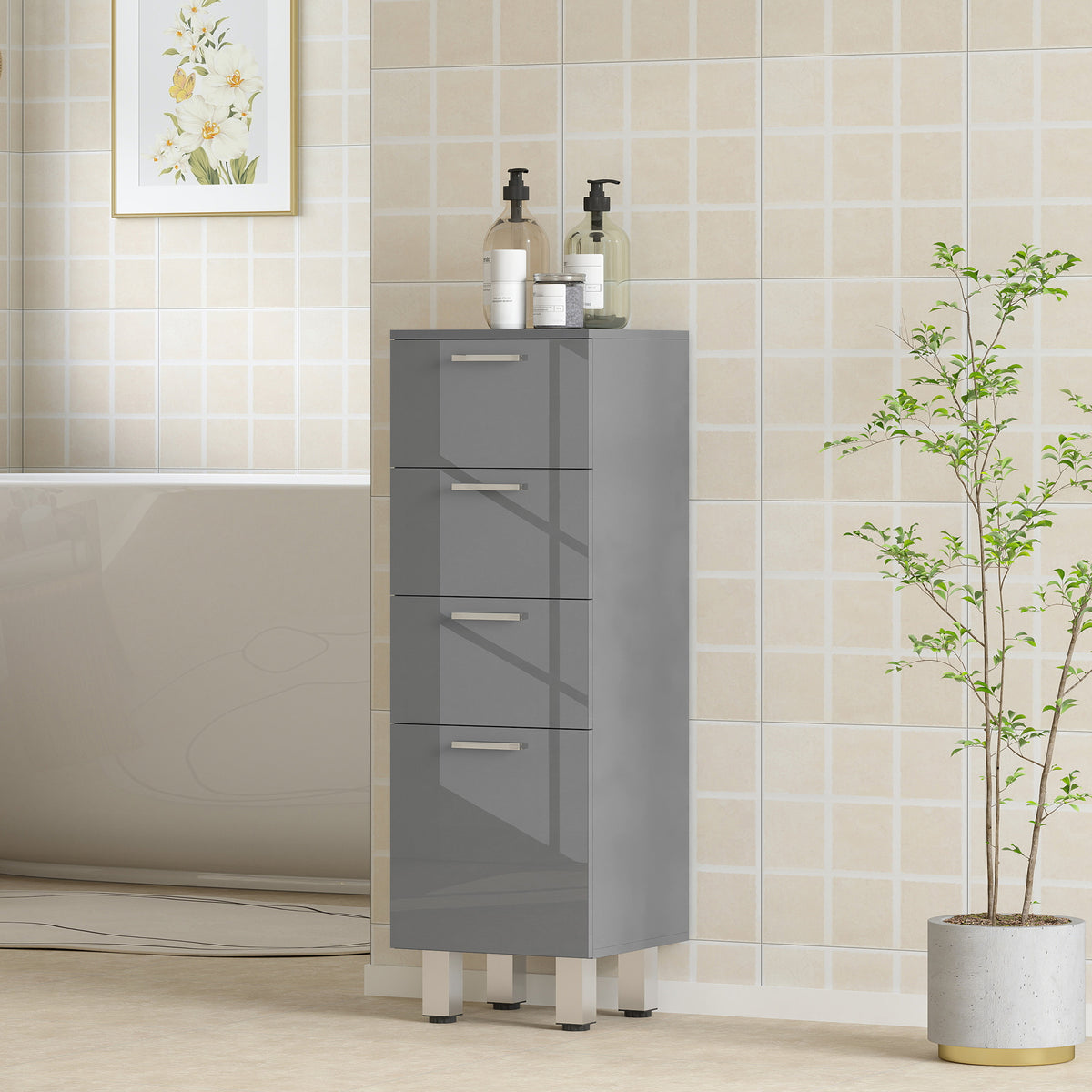 KleanKin Badezimmerschrank, Badschrank, 4 Schubladen, Spanplatte, glatt, Grau – Produktabbildung 6