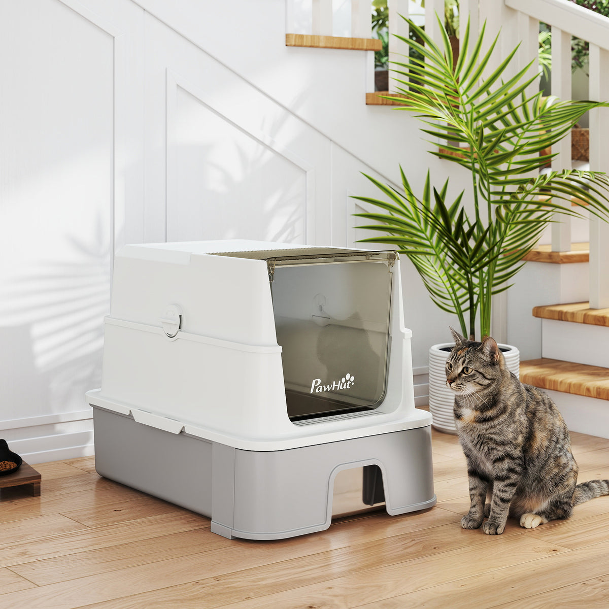 PawHut Katzentoilette aus Edelstahl mit Deckel, XL Katzenstreubox mit Schaufel, herausziehbare Wanne – Produktabbildung 10