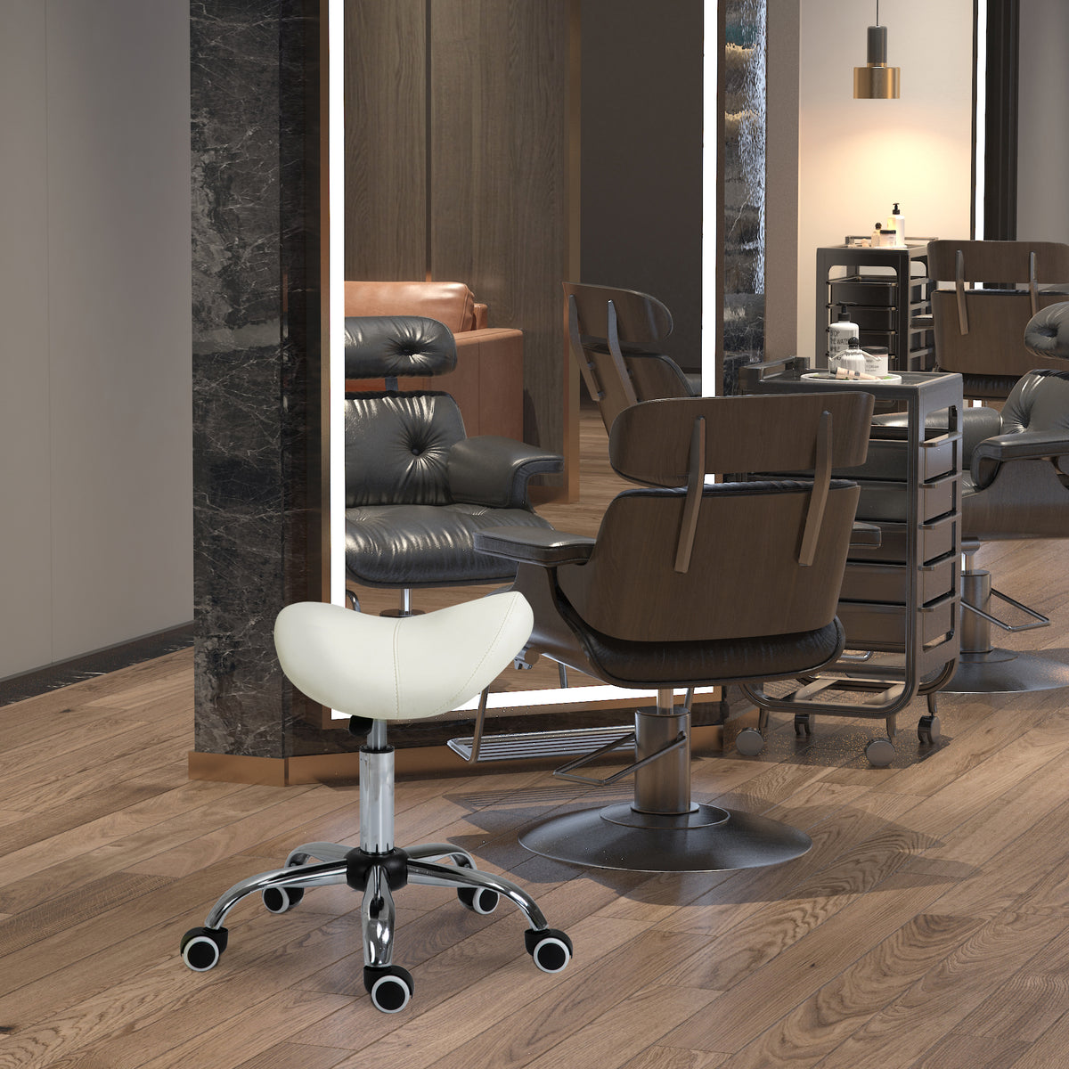 HOMCOM Rollhocker höhenverstellbar Drehhocker 49-61 cm Arbeitshocker drehbar Sattelhocker für Büro Salon – Produktabbildung 2