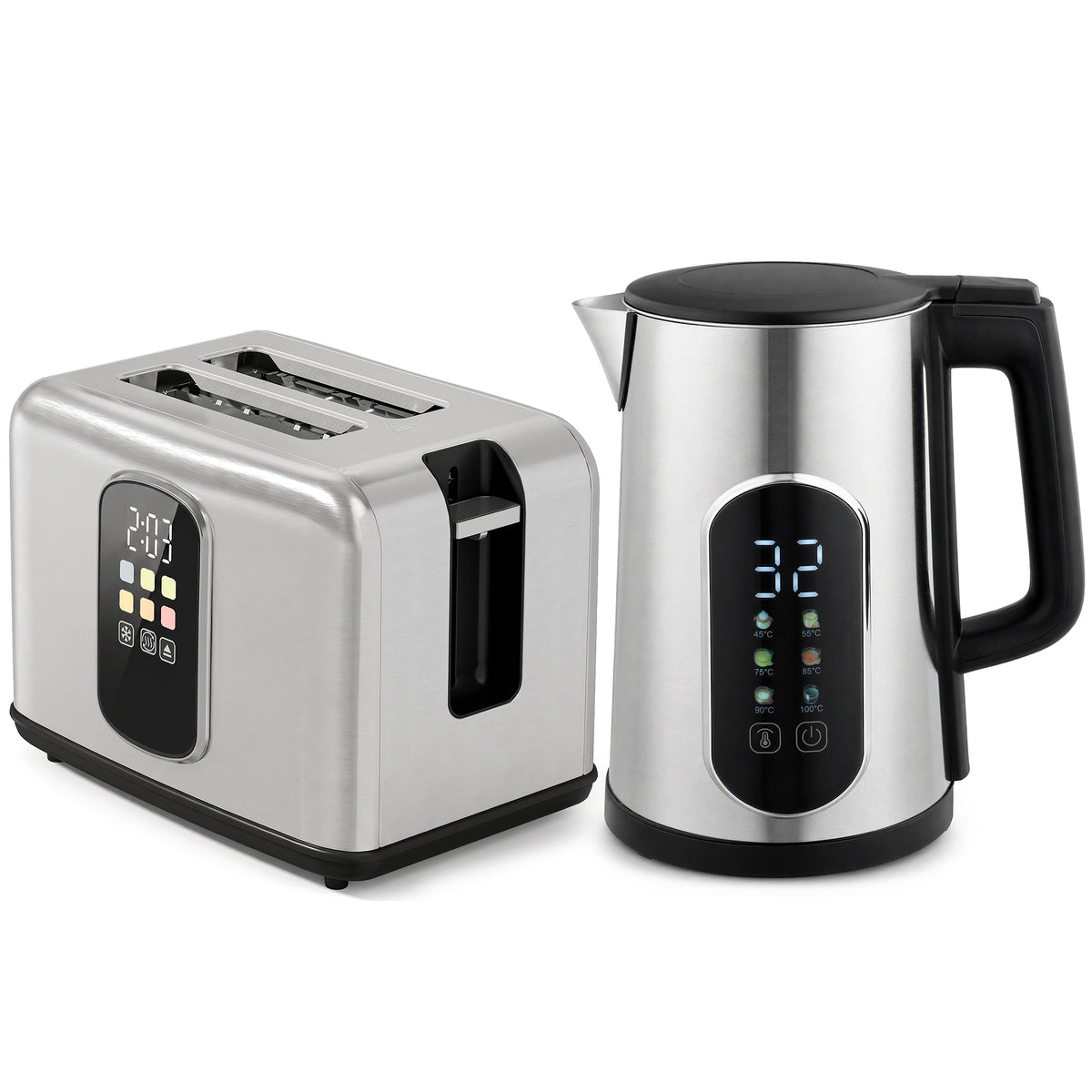 HOMCOM 1,5-l-Wasserkocher, 2200 W, mit LED-Touchscreen, 2-Scheiben-Toaster mit 6 Bräunungsstufen, Silber