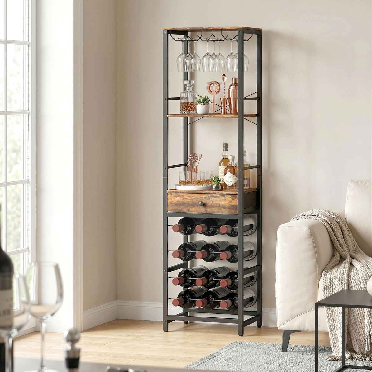 HOMCOM Weinbar-Schrank mit Schublade, Industrieller Barschrank, Weinregal für 12 Flaschen, Glashalter – Produktabbildung 2