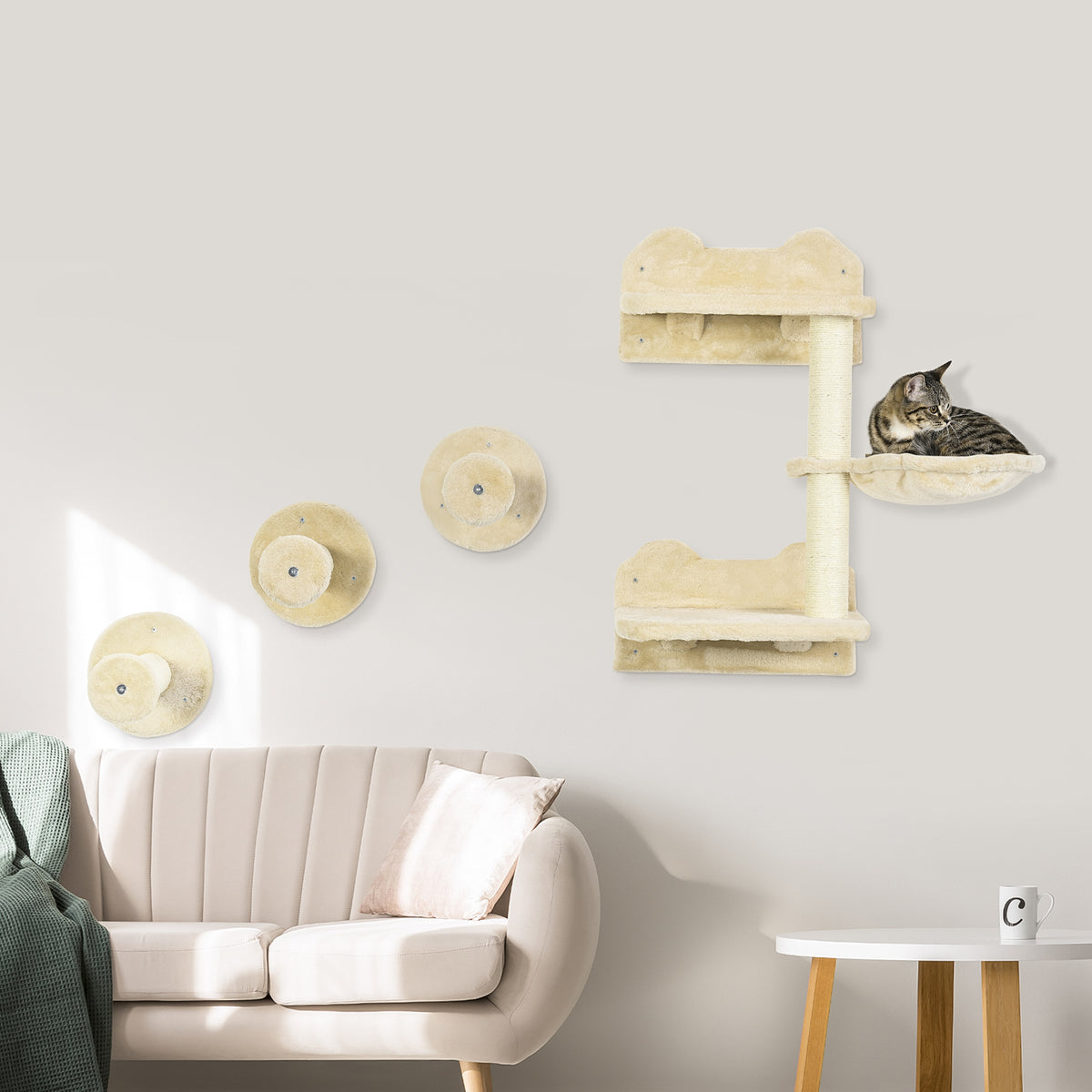 PawHut Kletterstufen, Kletterwand, Katzentreppe, 4-tlg. Set, mit Kratzbaum, Hängematte, beige+cremeweiß – Produktabbildung 2