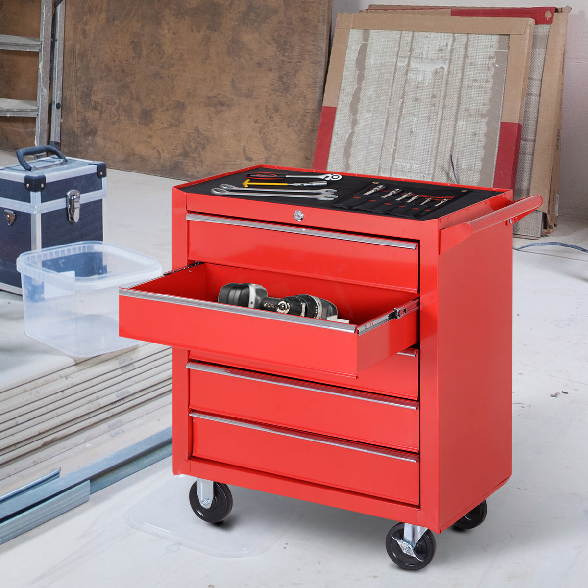 Rollschrank, Werkzeugschrank für Garage, Schuppen, Stahl, 69L x 33B x 75H cm, Rot – Produktabbildung 2