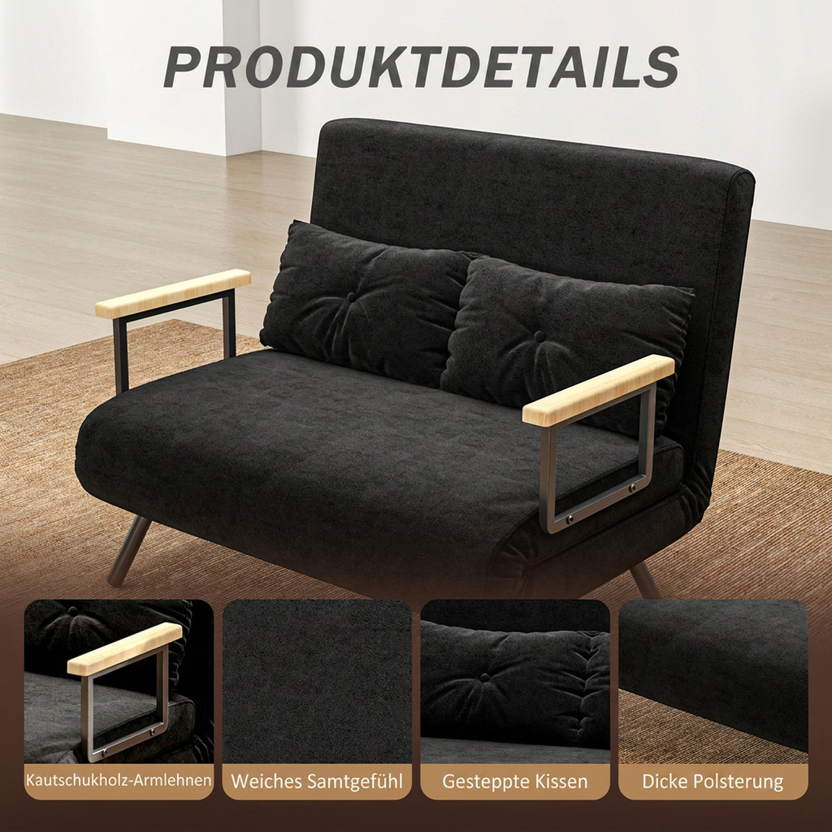 HOMCOM Schlafsofa 2er-Sofa Samtsofa, Schlaffunktion, inkl. 2 Kissen, Samtoptik, Schwarz – Produktabbildung 6