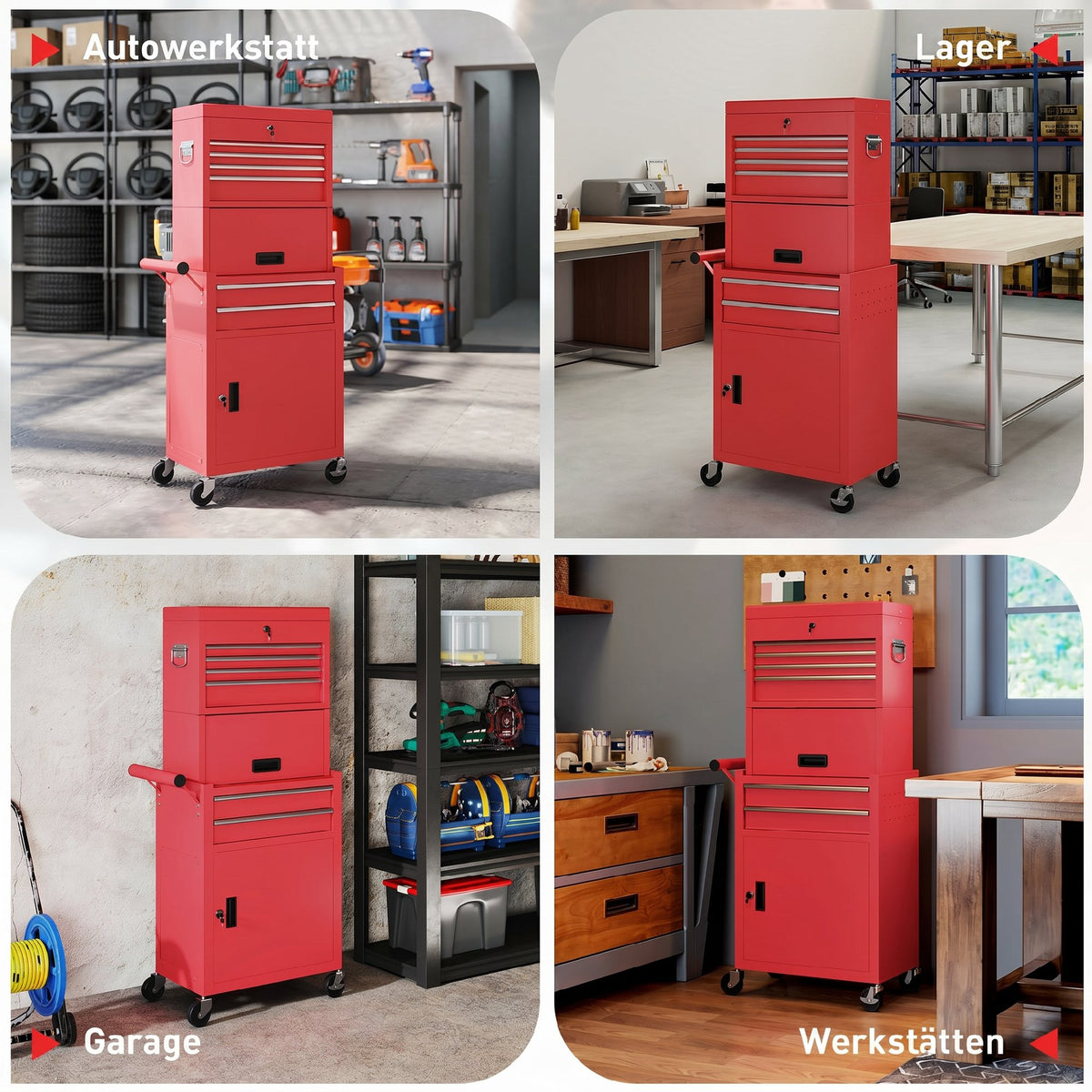 HOMCOM Rollbarer Werkzeugschrank, 6 Schubladen, 2 Schränke, Stahl, verschließbar, Rot – Produktabbildung 9