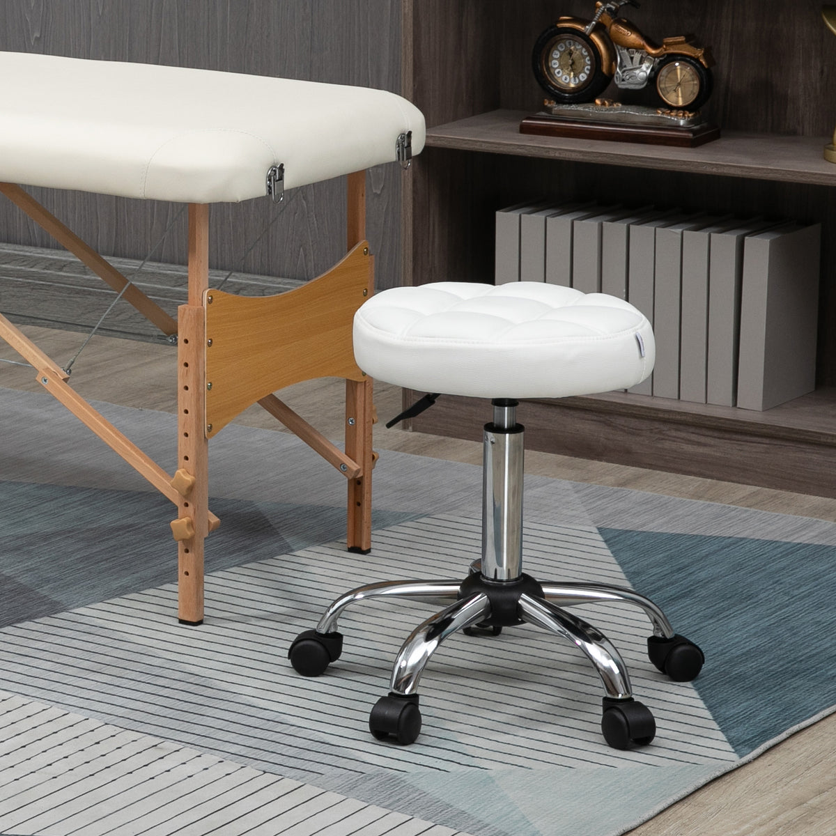HOMCOM Drehhocker, Salonhocker, höhenverstellbar, Kunstleder, Steppdesign, Ø35,5 x 48-63 cm, Weiß/Silber – Produktabbildung 2
