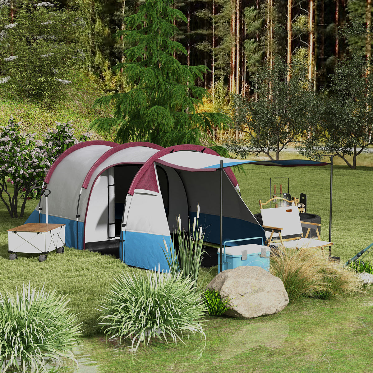 Outsunny Campingzelt, für 2 Personen, Laternenhaken, drei Eingänge, wasserdicht, Rot – Produktabbildung 2