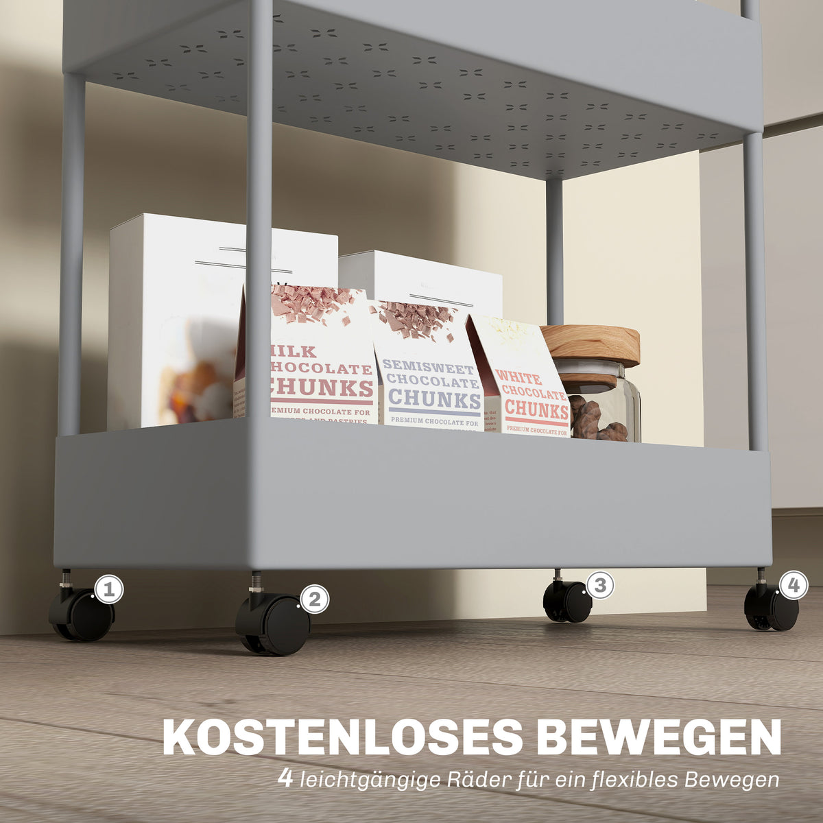 HOMCOM Küchenwagen mit 4 Regalen, 4 flexiblen Haken, 4 Rollen, 40 cm x 19 cm x 90 cm, Nischenwagen, Grau – Produktabbildung 5