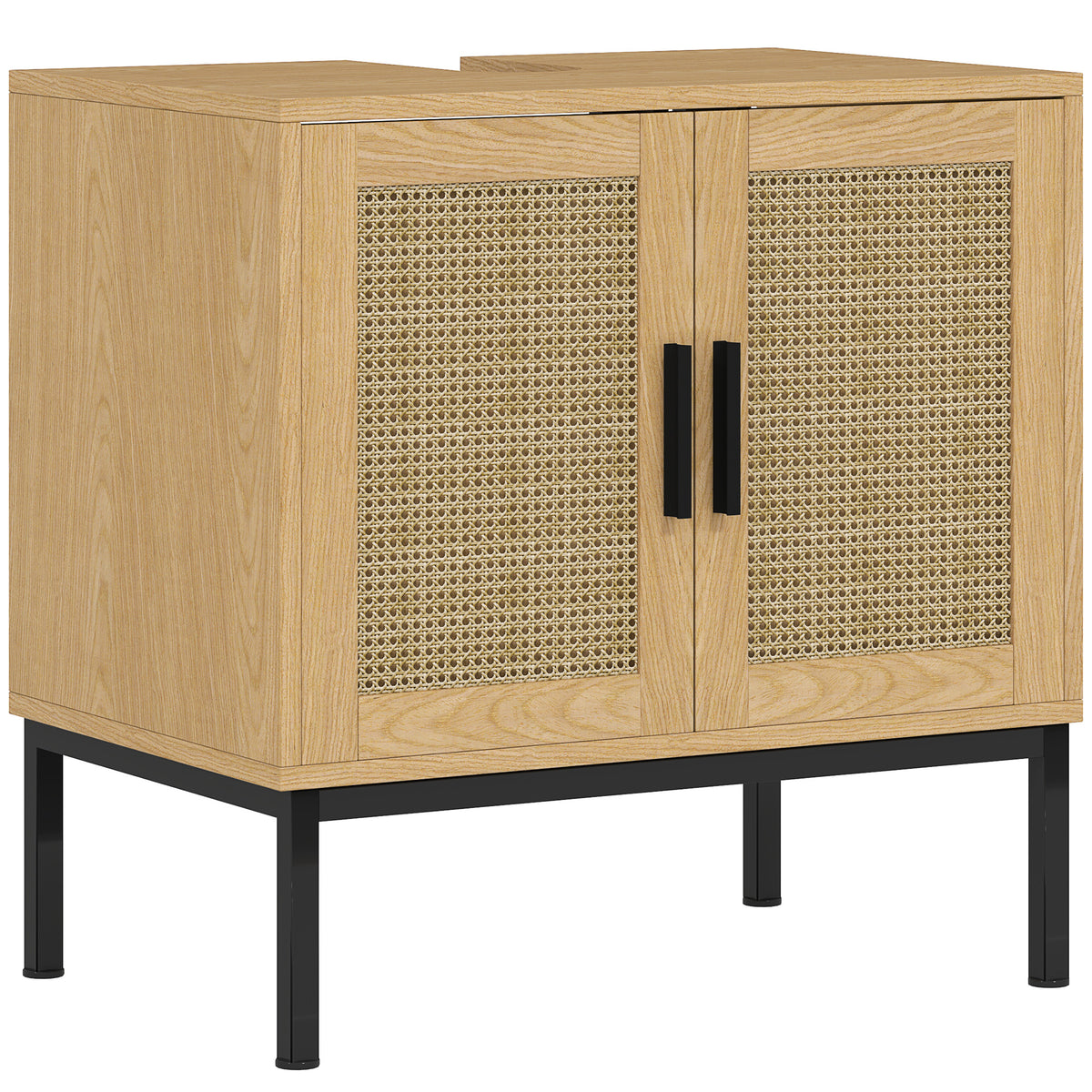 KleanKin Badezimmerunterschrank, im Boho-Design, Badezimmerschrank, Rattan-Elemente, mit U-Ausschnitt, Eiche