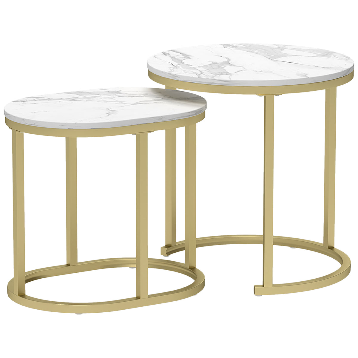HOMCOM 2er-Set Couchtisch, Ovaler und runder Kaffeetisch, stapelbar, Marmoroptik, Stahl, Ø50 x 50,5 cm, Weiß