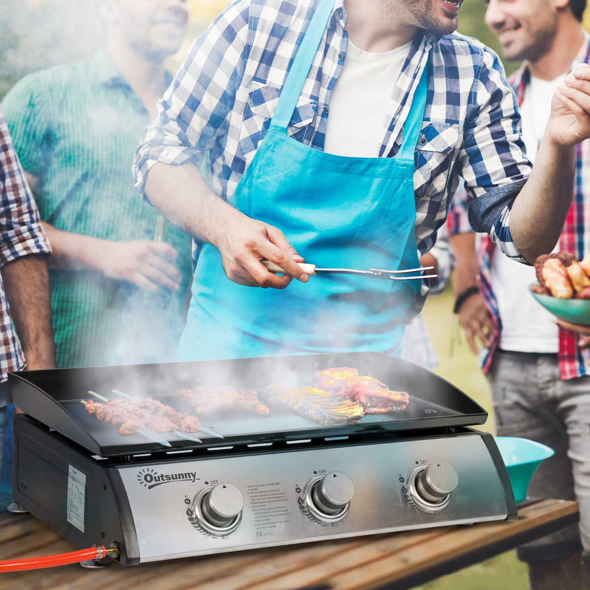 Outsunny Gasgrill mit 3 Brennern, Schlauch, Antihaft-Grillplatte, Edelstahl, Farbe: Silber, 63 x 48 x 21 – Produktabbildung 2
