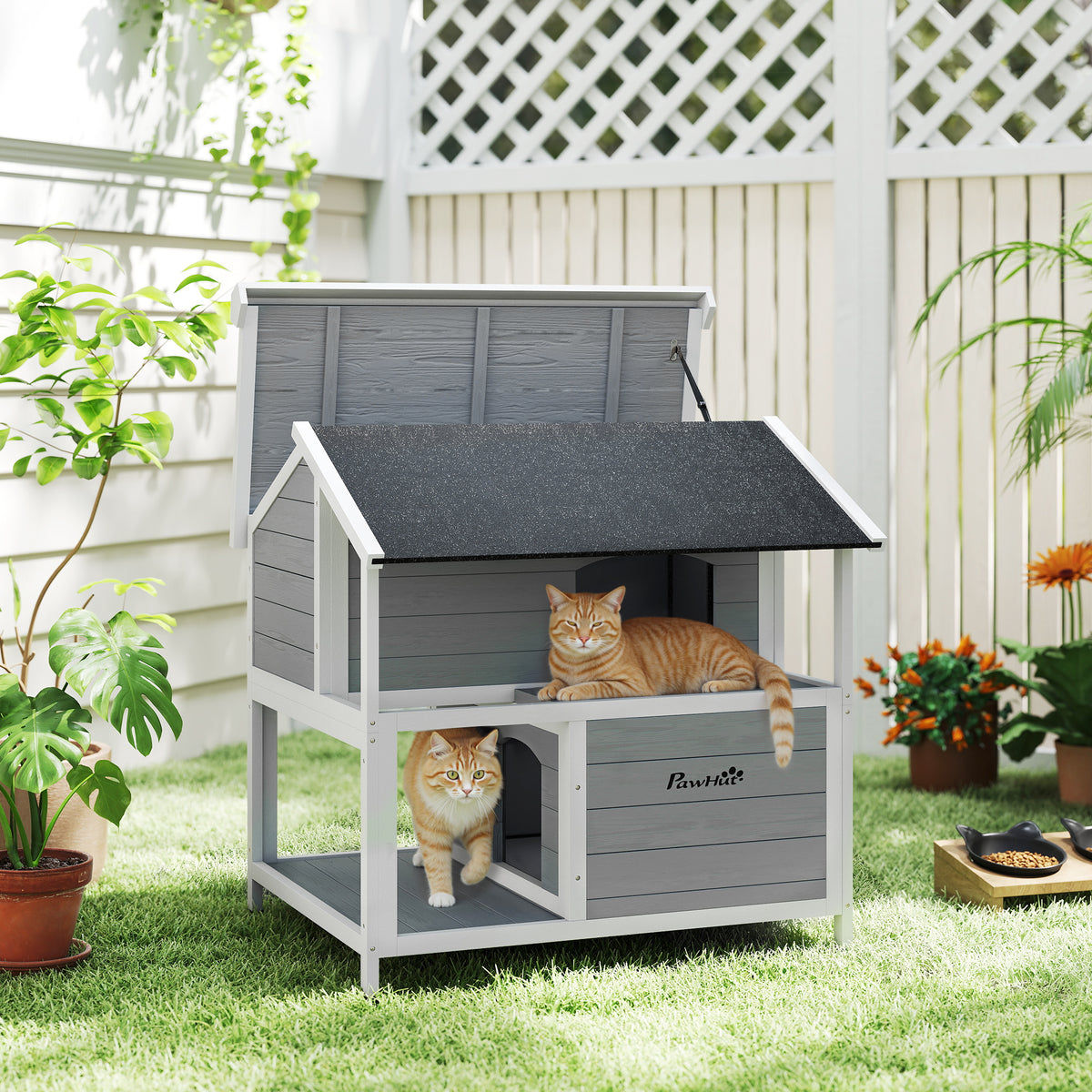 PawHut Outdoor-Katzenhaus, Katzenzuflucht für den Außenbereich, wasserfest, aufklappbares Dach – Produktabbildung 2