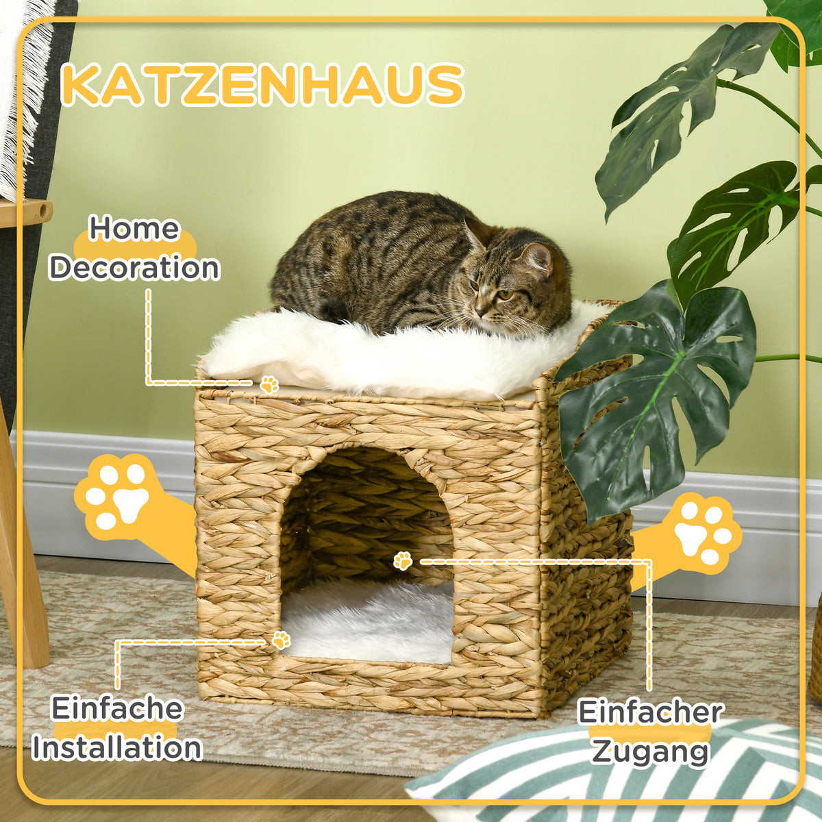 PawHut Katzenhöhle aus Wasserhyazinthen-Gras, 2 Liegefläche, 2 waschbare Kissen, Natur + Weiß – Produktabbildung 7