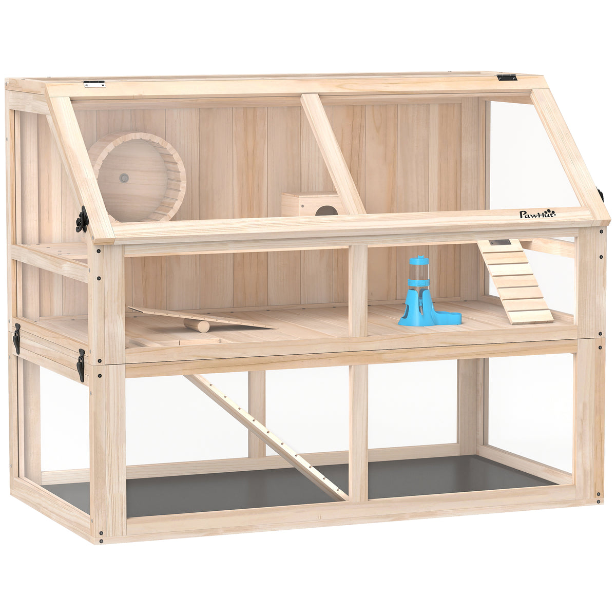 PawHut Hamsterkäfig aus Holz 3 Etagen Nagerkäfig Kleintierkäfig mit Wippe Laufrad Hütte 95 x 53 x 76 cm